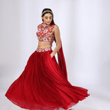 Red Embroidered V Neck Choli with Pleated Lehenga Set
