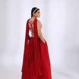 Red Embroidered V Neck Choli with Pleated Lehenga Set