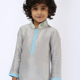 Grey Satin Raw Silk Embroidered Kurta and Pant Set