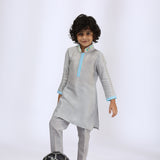 Grey Satin Raw Silk Embroidered Kurta and Pant Set