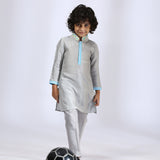 Grey Satin Raw Silk Embroidered Kurta and Pant Set