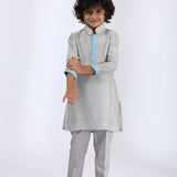 Grey Satin Raw Silk Embroidered Kurta and Pant Set