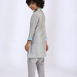 Grey Satin Raw Silk Embroidered Kurta and Pant Set