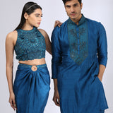 Peacock Blue Halter top teamed with a draped skirt & Peacock Blue kurta teamed with narrow pants