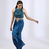 Peacock Blue Embroidered Top and Draped Skirt Set