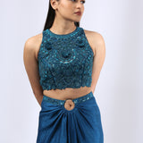 Peacock Blue Embroidered Top and Draped Skirt Set