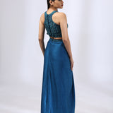 Peacock Blue Embroidered Top and Draped Skirt Set
