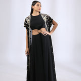 Jet Black Jumpsuit with an Embroidered Open Jacket