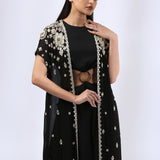 Jet Black Jumpsuit with an Embroidered Open Jacket