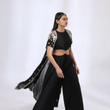 Jet Black Jumpsuit with an Embroidered Open Jacket