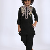 Black Satin Linen Embroidered Kurta and Pant Set