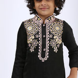 Black Satin Linen Embroidered Kurta and Pant Set