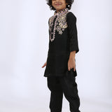 Black Satin Linen Embroidered Kurta and Pant Set