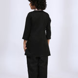 Black Satin Linen Embroidered Kurta and Pant Set