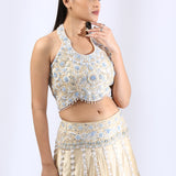Beige 3D Floral Embroidered Lehenga Set