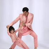 Peach Embroidered Jacket teamed with matching kurta and narrow pants - Father-Son Set