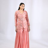 Tailored peach jacket with embroidery teamed with gharara pants & Peach Embroidered Peplum teamed with gharara pants Mother-Daughter Set
