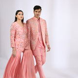 Tailored peach jacket with embroidery teamed with gharara pants & Peach Embroidered Jacket teamed with matching kurta and narrow pants - Couple Set