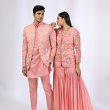 Tailored peach jacket with embroidery teamed with gharara pants & Peach Embroidered Jacket teamed with matching kurta and narrow pants - Couple Set