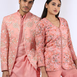 Tailored peach jacket with embroidery teamed with gharara pants & Peach Embroidered Jacket teamed with matching kurta and narrow pants - Couple Set