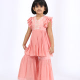 Tailored peach jacket with embroidery teamed with gharara pants & Peach Embroidered Peplum teamed with gharara pants Mother-Daughter Set