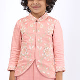 Peach Satin Linen Embroidered Jacket and Pant Set
