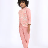 Peach Embroidered Jacket teamed with matching kurta and narrow pants - Father-Son Set