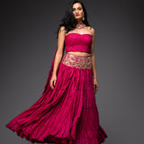 Magenta Crinkled Chanderi Embroidered Lehenga Set