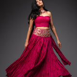 Magenta Crinkled Chanderi Embroidered Lehenga Set
