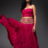 Magenta Crinkled Chanderi Embroidered Lehenga Set