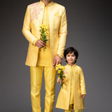 Lemon Yellow Jacket With Kurta and Pants - Father & Son set