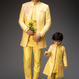 Lemon Yellow Jacket With Kurta and Pants - Father & Son set