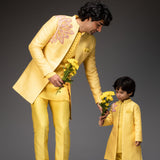 Lemon Yellow Jacket With Kurta and Pants - Father & Son set
