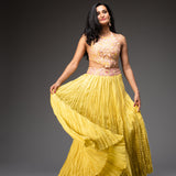 Chanderi Embroidered Floral Halter Blouse And Crinkled Lehenga Set