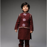 Maroon Organza Embroidered Nehru Jacket and Kurta Set