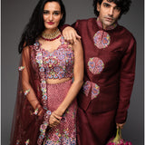 Deep Wine Embroidered Lehenga Choli With Dupatta And Nehru Jacket With Kurta And Pants - Couple set