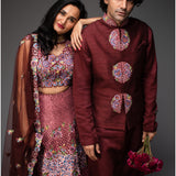 Deep Wine Embroidered Lehenga Choli With Dupatta And Nehru Jacket With Kurta And Pants - Couple set