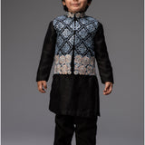Black Cotton Silk Embroidered Nehru Jacket and Kurta Set