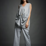 Grey Crinkled Cotton Draped Tunic and Pant Set