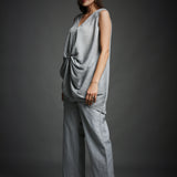 Grey Crinkled Cotton Draped Tunic and Pant Set