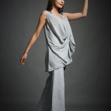 Grey Crinkled Cotton Draped Tunic and Pant Set