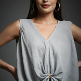 Grey Crinkled Cotton Draped Tunic and Pant Set