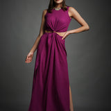 Purple Crinkled Cotton Cutout Embroidered Dress
