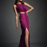 Purple Crinkled Cotton Cutout Embroidered Dress