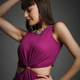Purple Crinkled Cotton Cutout Embroidered Dress