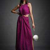 Purple Crinkled Cotton Cutout Embroidered Dress