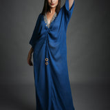 Blue Crinkled Cotton Embroidered Neckline Kaftan