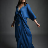 Blue Crinkled Cotton Embroidered Neckline Kaftan