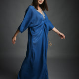 Blue Crinkled Cotton Embroidered Neckline Kaftan
