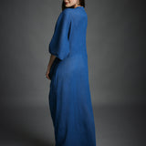 Blue Crinkled Cotton Embroidered Neckline Kaftan